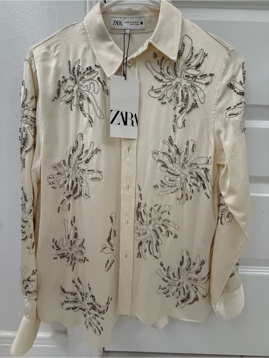 Zara Tops - Zara Cream Beaded Embellished Button-Down Shirt
